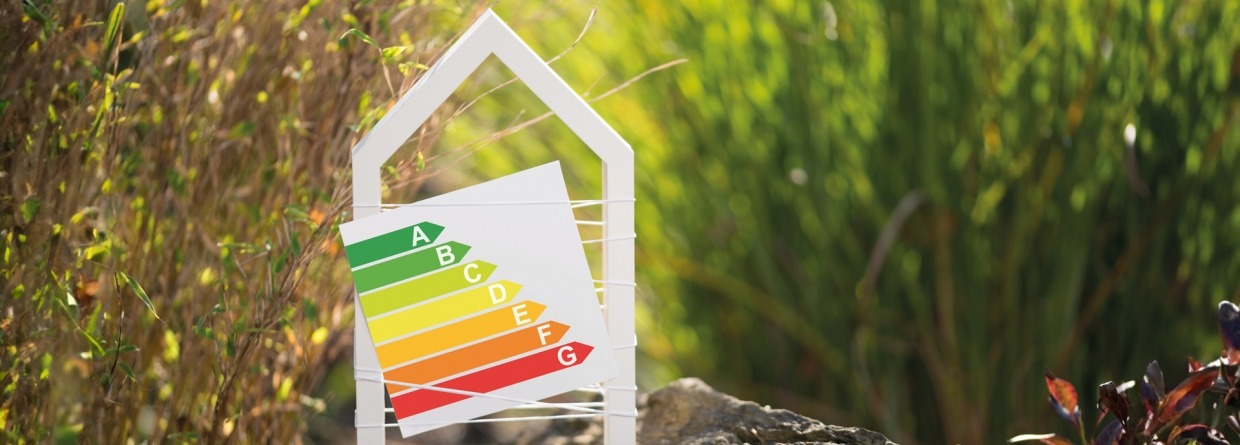 Een witte houten huisje op een groene achtergrond met op de voorgrond het energielabel