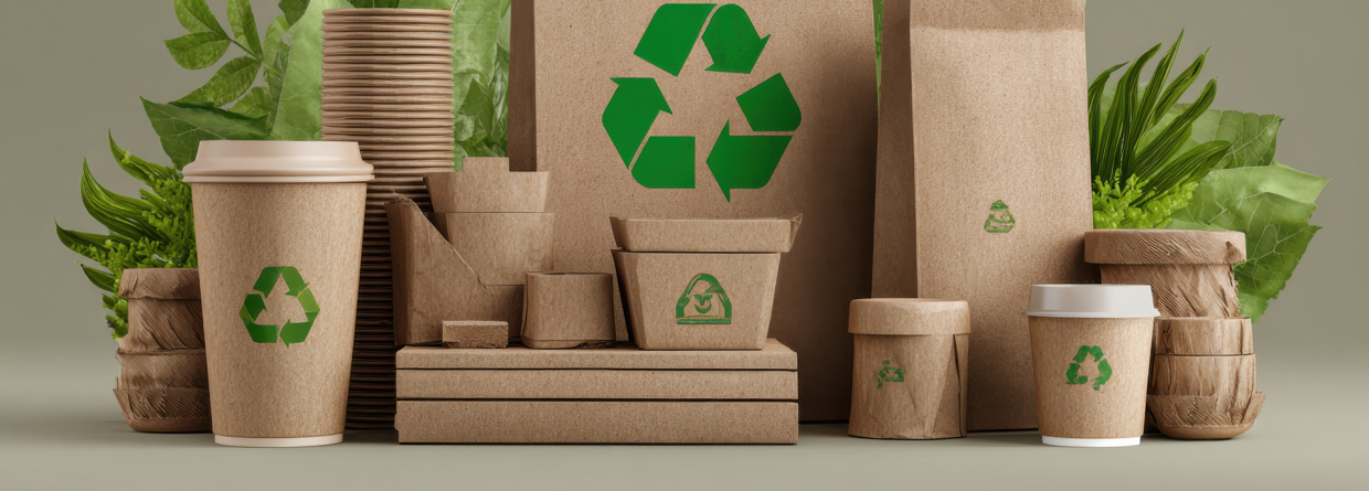 Papieren verpakkingsmateriaal en drinkbekers met een groen keurnerk en groene planten op de achtergrond